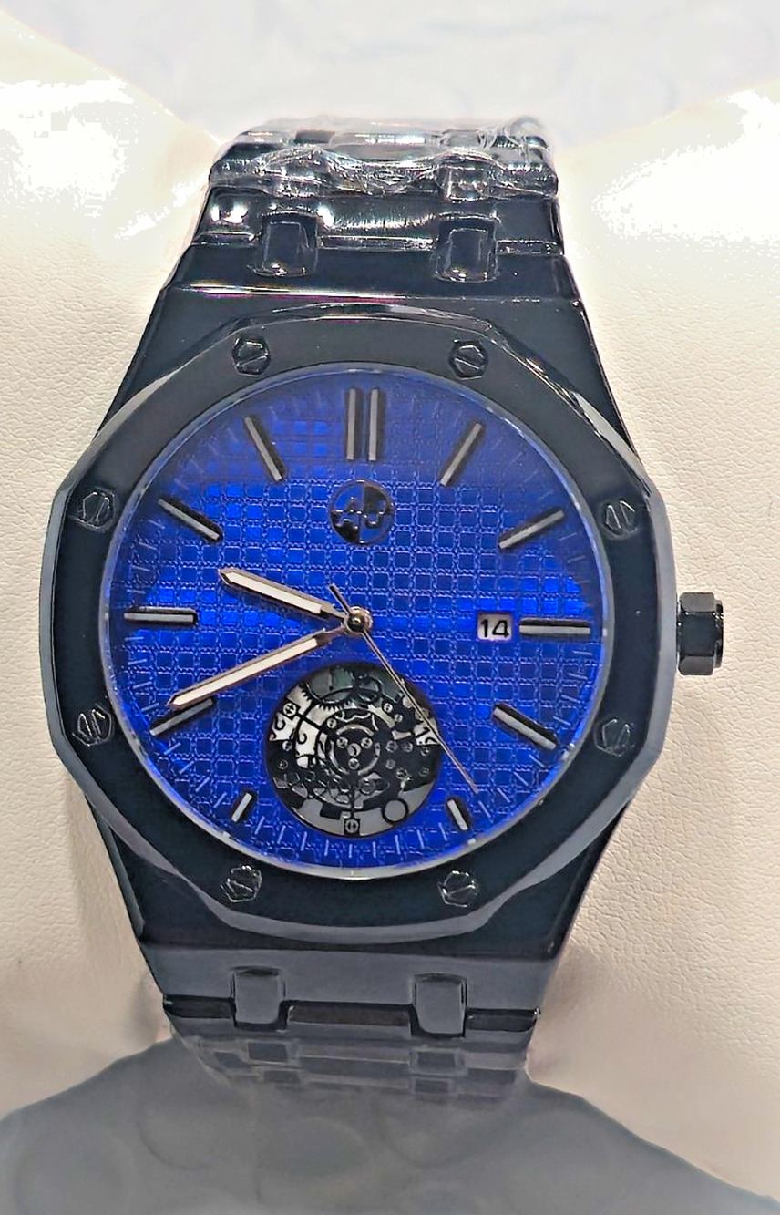 AJP Sports-Master Quartz Date Blue Textured Dial Black Stainless Steel Bracelet
